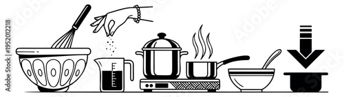 Hand drawn line art cooking process set featuring kitchen utensils and food preparation steps for culinary instructions