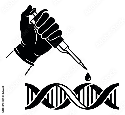 Graphic illustration of a hand pipetting liquid onto dna depicting genetic manipulation for scientific research