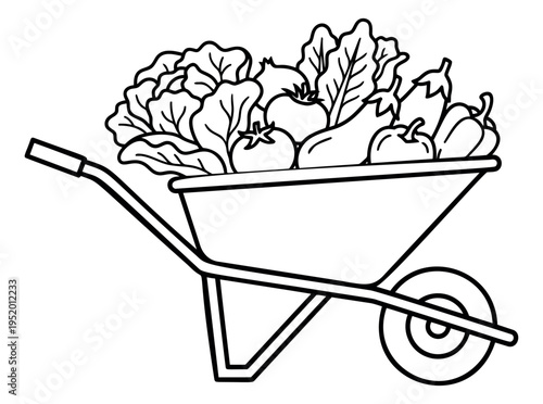 Line art illustration of a garden wheelbarrow depicting fresh vegetables for healthy eating