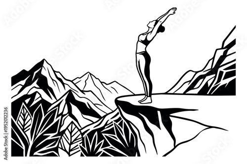 Line art illustration of a woman in a yoga pose depicting stretching on a mountain cliff for outdoor wellness