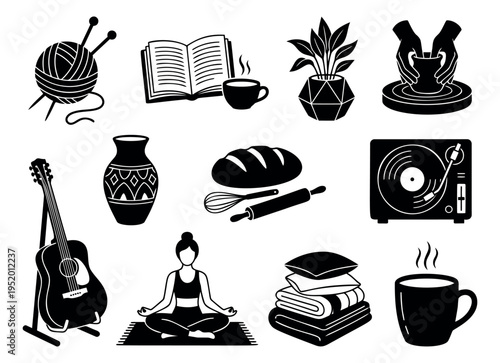 Solid glyph home hobbies and lifestyle icons set featuring knitting, reading, plants, pottery, music, baking, yoga, and comfort items for indoor relaxation and personal well-being