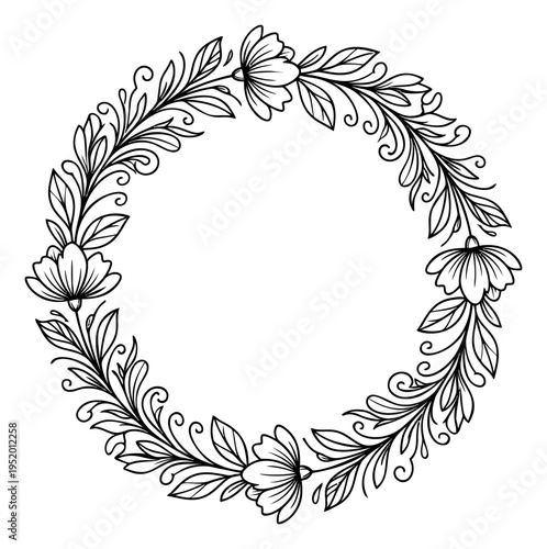 Hand drawn line art illustration of a floral wreath depicting leaves and flowers for elegant design