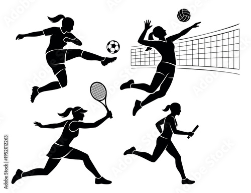 Sporty silhouette set featuring women playing soccer, volleyball, tennis, and running a relay for athletic themes