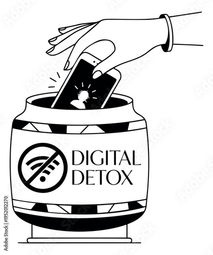Hand drawn line art illustration of a hand putting a smartphone into a digital detox jar depicting disconnecting from technology for mental well-being