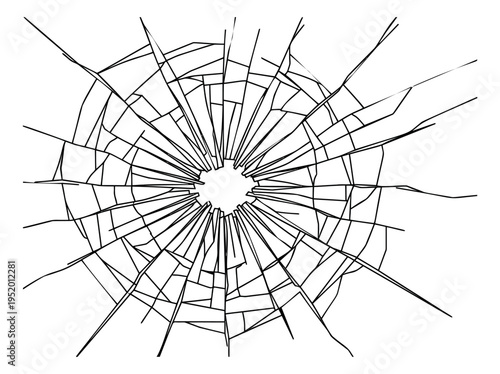 Line art illustration of shattered glass depicting a radial impact for graphic design