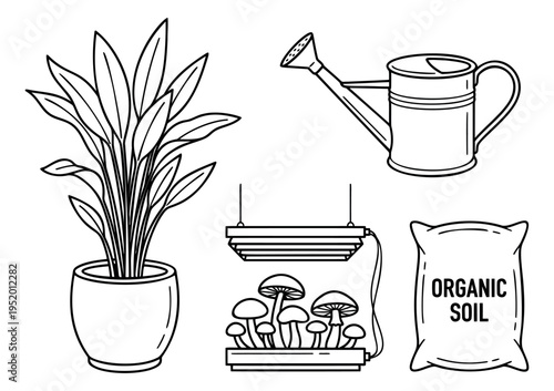Hand drawn line art gardening set featuring a potted plant, watering can, grow light with mushrooms, and organic soil bag for home cultivation