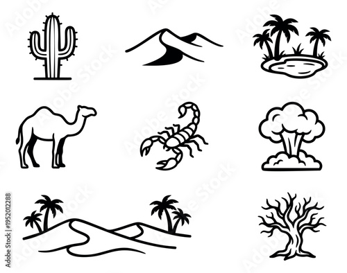 Line art desert elements set featuring camel, cactus, scorpion, and sand dunes for nature and survival themes