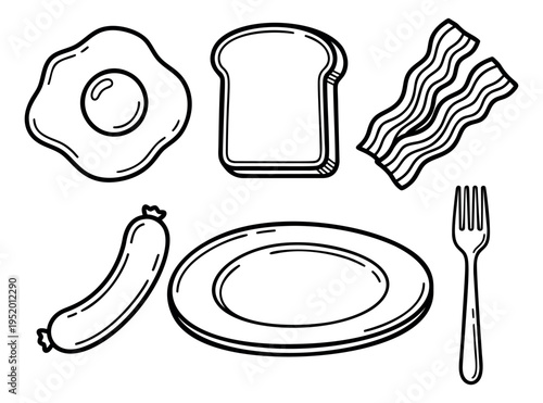 Hand drawn line art breakfast meal set featuring a fried egg, toast, bacon, sausage, plate, and fork for a morning dining experience