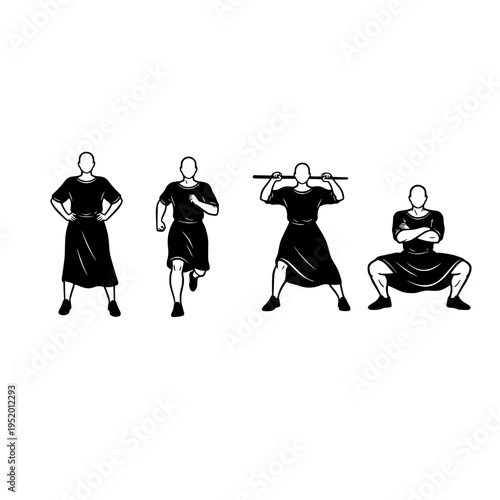 A set of four black and white illustrations showing a person wearing a tunic in different poses