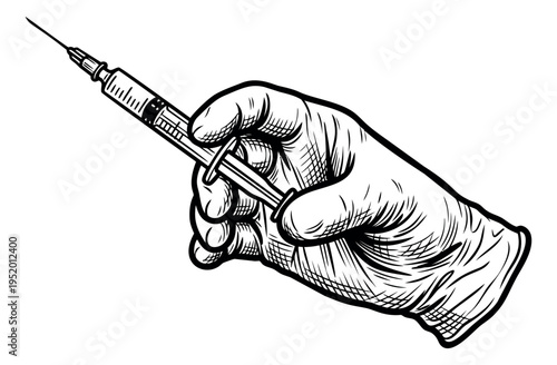 Hand drawn line art illustration of a gloved hand holding a syringe depicting an injection for medical treatment