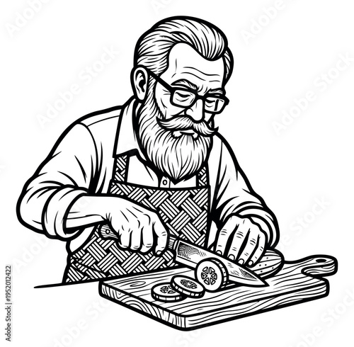 Hand drawn line art illustration of a bearded man depicting slicing a cucumber for cooking and healthy eating