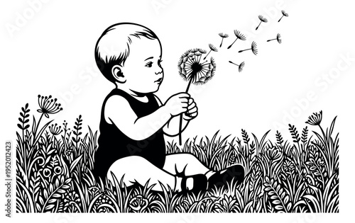 Hand drawn line art illustration of a baby depicting blowing a dandelion in a field for childhood innocence
