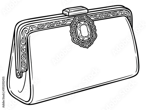 Hand drawn line art illustration of a clutch bag depicting an ornate gemstone clasp for fashion accessory designs