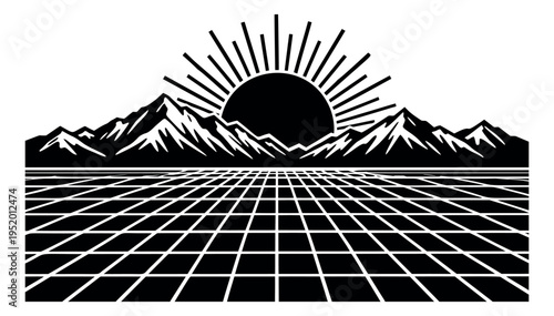 Retro graphic illustration of a digital landscape depicting mountains and a rising sun over a grid for synthwave themes