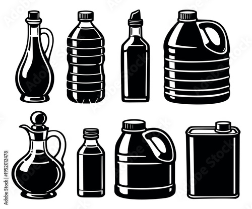 Retro line art liquid containers set featuring various shapes of bottles, jugs, and canisters for oil and other products for packaging, kitchen, and industrial use