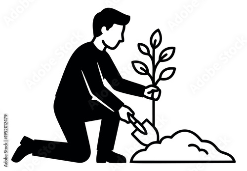 Line art illustration of man depicting planting a sapling for environmental conservation