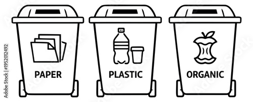 Line art recycling bins set featuring paper, plastic, and organic waste symbols for environmental education