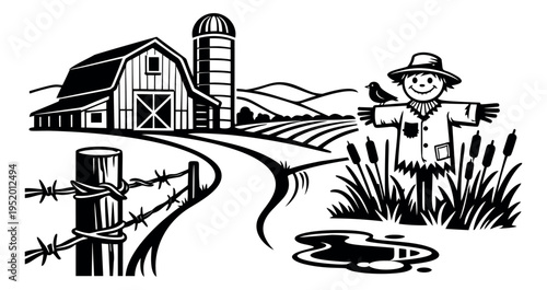 Black and white line art illustration of a farm scene depicting a barn, silo, and scarecrow for rural life and agriculture