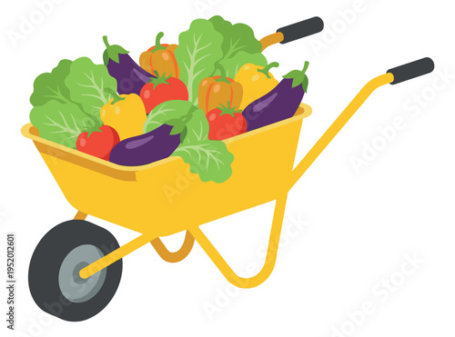 Colorful illustration vegetable set featuring fresh produce in a yellow wheelbarrow for healthy eating and gardening themes
