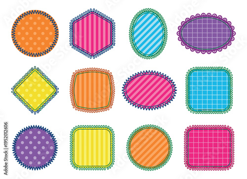 Decorative label set featuring assorted colorful shapes, patterns, and stitched borders for creative design