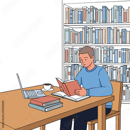 Man reading book at table with laptop and coffee, surrounded by bookshelves