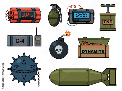 Cartoon line art bomb and explosive devices set featuring dynamites, grenades, time bombs, and mines for warfare, danger, and military illustrations