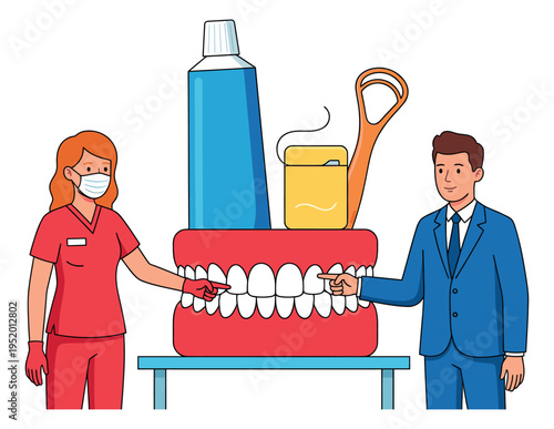 Cartoon line art illustration of a dental consultation depicting a hygienist and a patient demonstrating oral hygiene for dental health