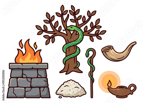 Hand drawn cartoon biblical symbols set featuring an altar, a serpent on a tree, a snake staff, a shofar, and an oil lamp for religious history