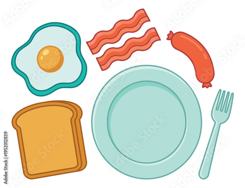 Cartoon line art breakfast food set featuring a fried egg, bacon, sausage, toast, plate, and fork for morning menu design