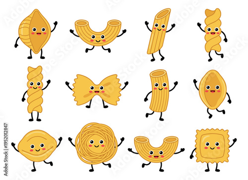 Cute cartoon pasta character set featuring various happy noodle shapes with faces and limbs for children's food concepts