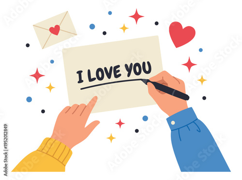 Modern flat design illustration of hands writing 'I love you' depicting a romantic message for valentine's day