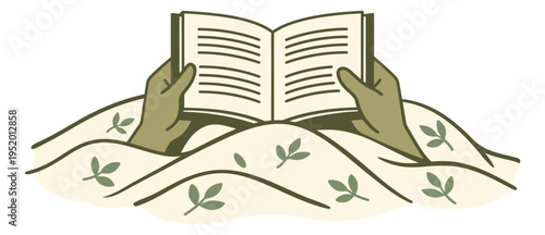 Hand drawn line art illustration of hands holding an open book depicting cozy reading for education and relaxation