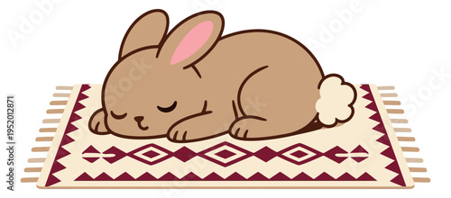 Cute cartoon line art illustration of a bunny depicting sleeping soundly on a patterned rug for pet relaxation
