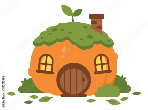 Cute cartoon illustration of a pumpkin house depicting a cozy dwelling for autumn or fantasy concepts