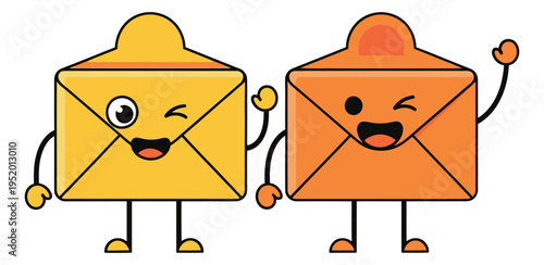 Cartoon line art envelope character set featuring two friendly mascots smiling and winking for digital communication design