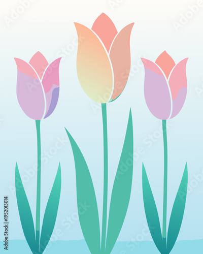 A central pale orange tulip stands taller than two flanking purple and turquoise tulips against a light blue gradient background suggesting soft outdoor light.