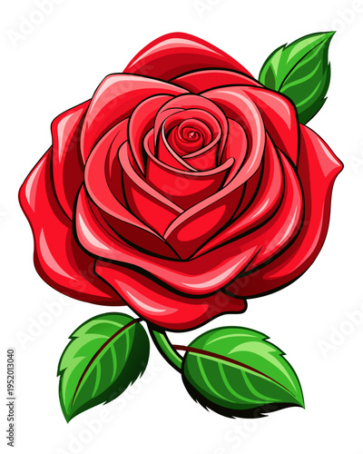 Bold comic book style shows a single, perfectly formed red rose with vivid green leaves, excellent for graphic design projects needing classic floral imagery.