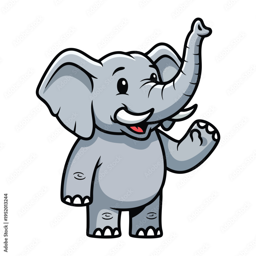 Fototapeta premium A cheerful cartoon elephant raises its trunk and waves its hand