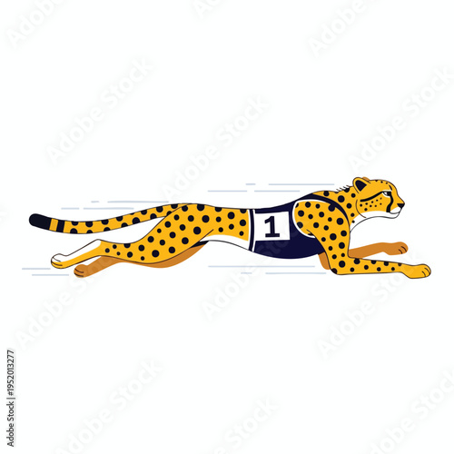Fast spotted cat with racing bib number 1 in motion