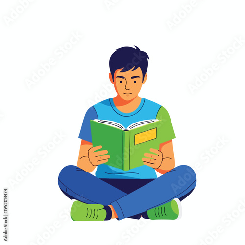 Young man sits cross-legged reading an open book, isolated on white background