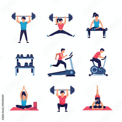 Collection of cartoon figures performing various fitness activities like weightlifting and cardio