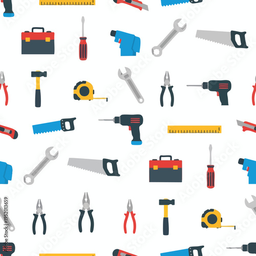 Flat icons of various tools arranged in a seamless pattern on a white background