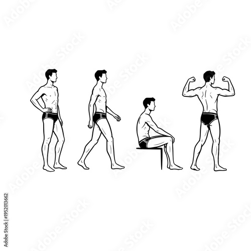 A black and white sketch showing four different poses of a man wearing athletic swimming trunks