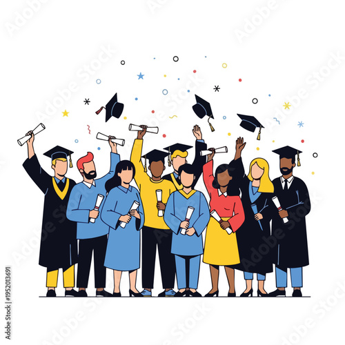 Diverse graduates in caps and gowns celebrate, tossing diplomas and hats in the air