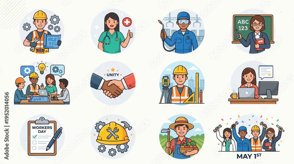 Fototapeta premium Collection of cartoon illustrations depicting various professions, teamwork, industry, and Labor Day celebrations, representing different types of work and collaboration.