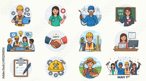 Collection of cartoon illustrations depicting various professions, teamwork, industry, and Labor Day celebrations, representing different types of work and collaboration.