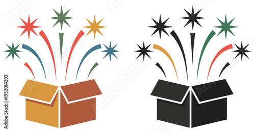 Surprise box vector design, gift box with popping elements, representing excitement, celebration, mystery reveal, and festive concept illustration.
