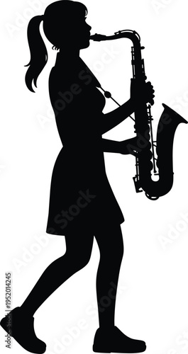 Female saxophone player silhouette performing jazz music, woman musician with sax instrument isolated - cad drawing flat vector illustration