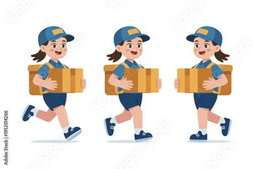A cheerful delivery woman in a blue uniform carrying a cardboard box on transparent background