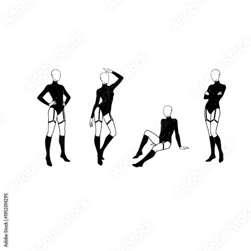 A collection of four diverse poses featuring a faceless mannequin wearing a black bodysuit outfit